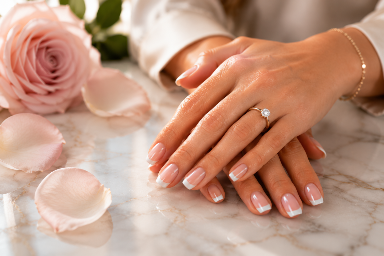 Elegant French manicure with rose petals